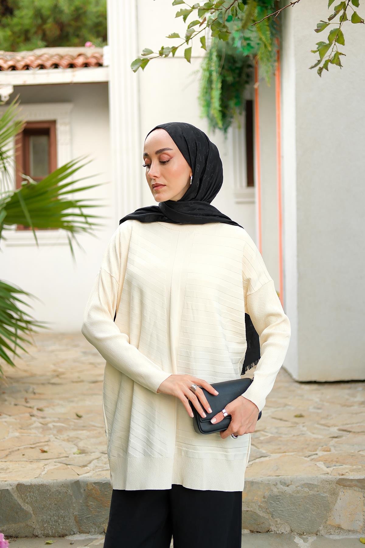 Kendinden Çizgi Desen Tunik Ekru