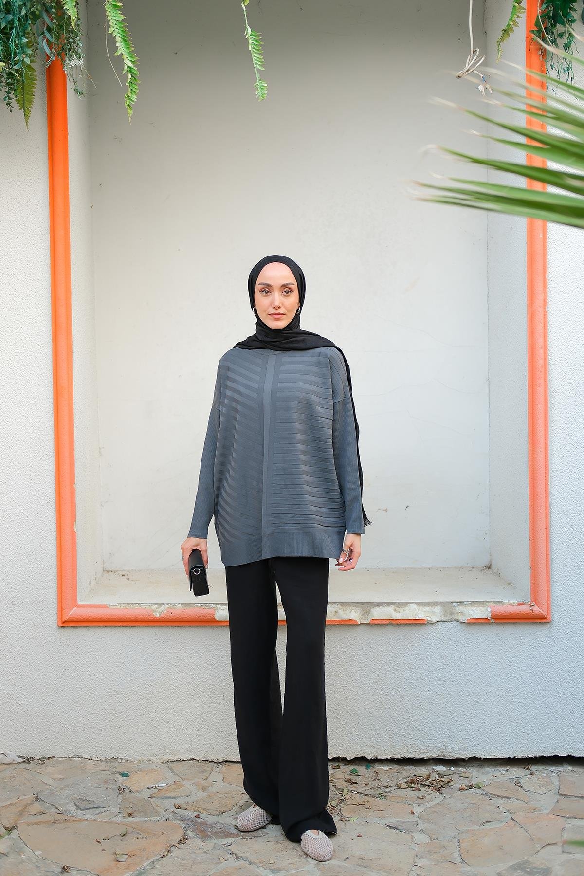 Kendinden Çizgi Desen Tunik Füme