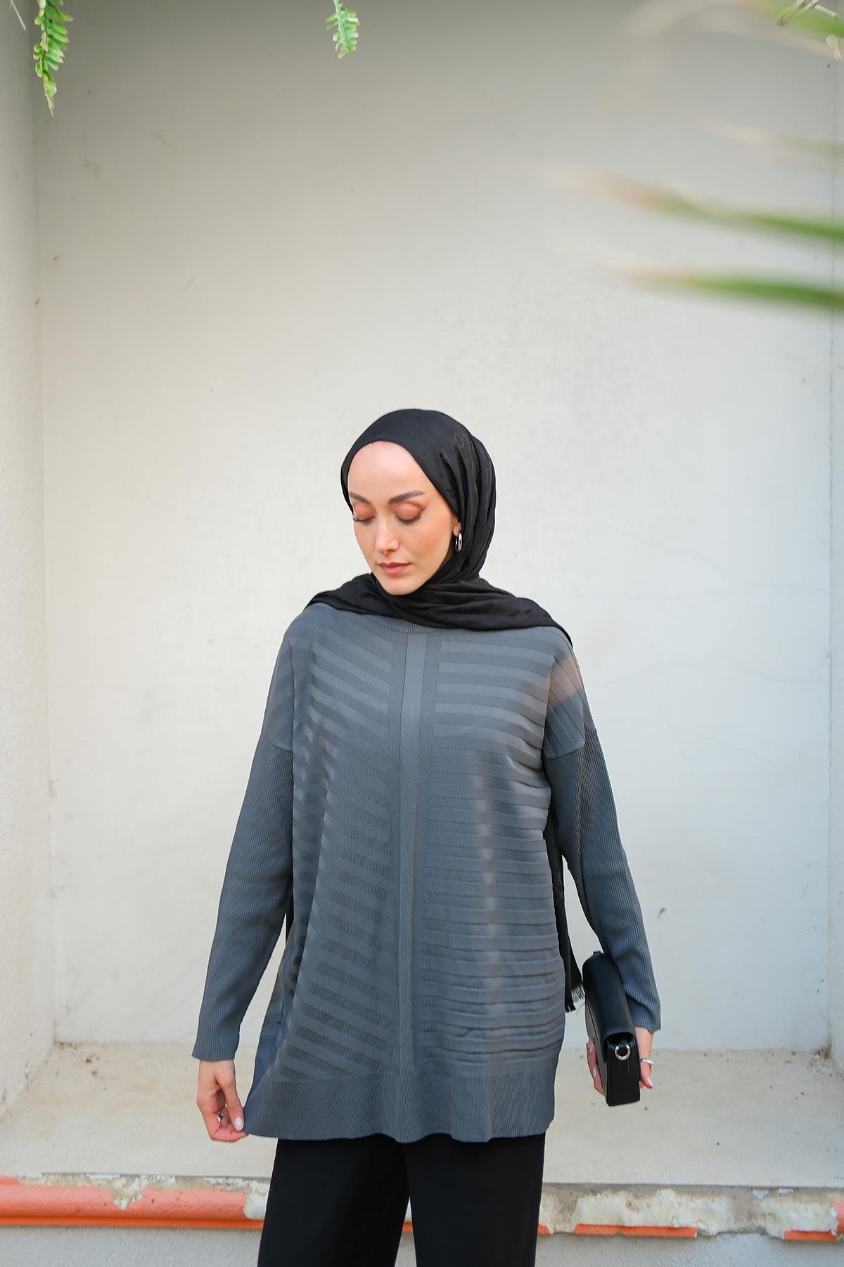 Kendinden Çizgi Desen Tunik Füme