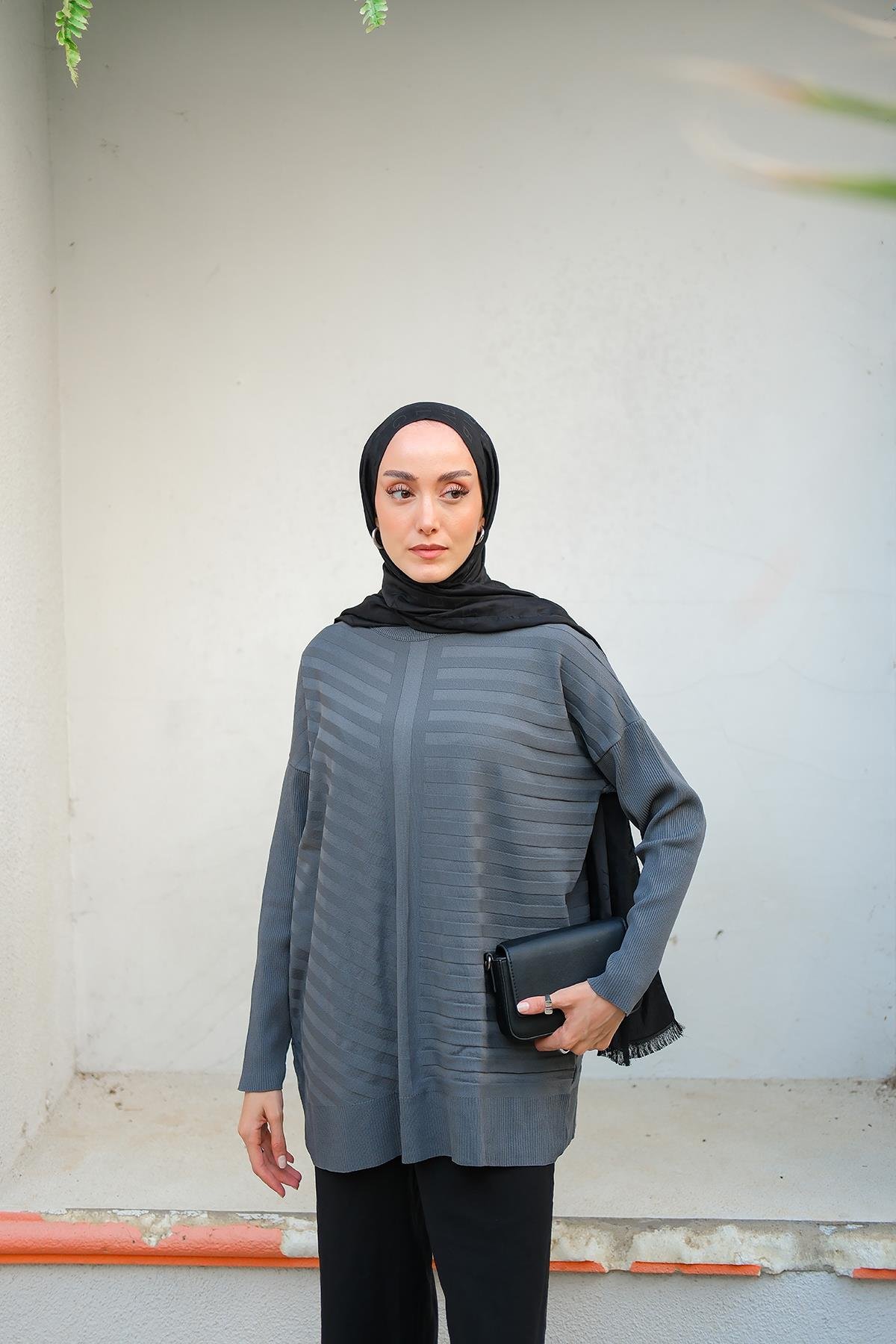 Kendinden Çizgi Desen Tunik Füme