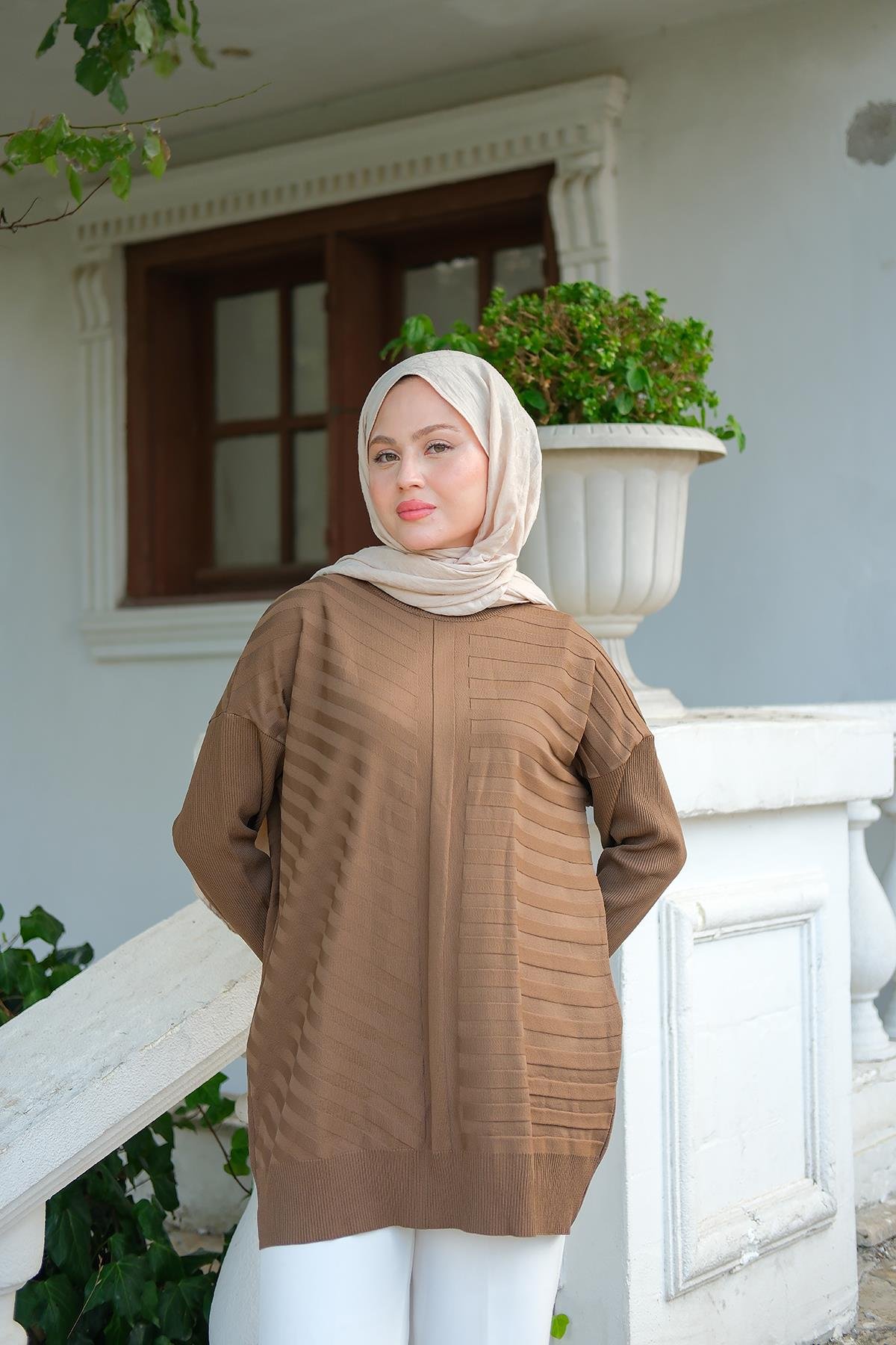 Kendinden Çizgi Desen Tunik Kahverengi