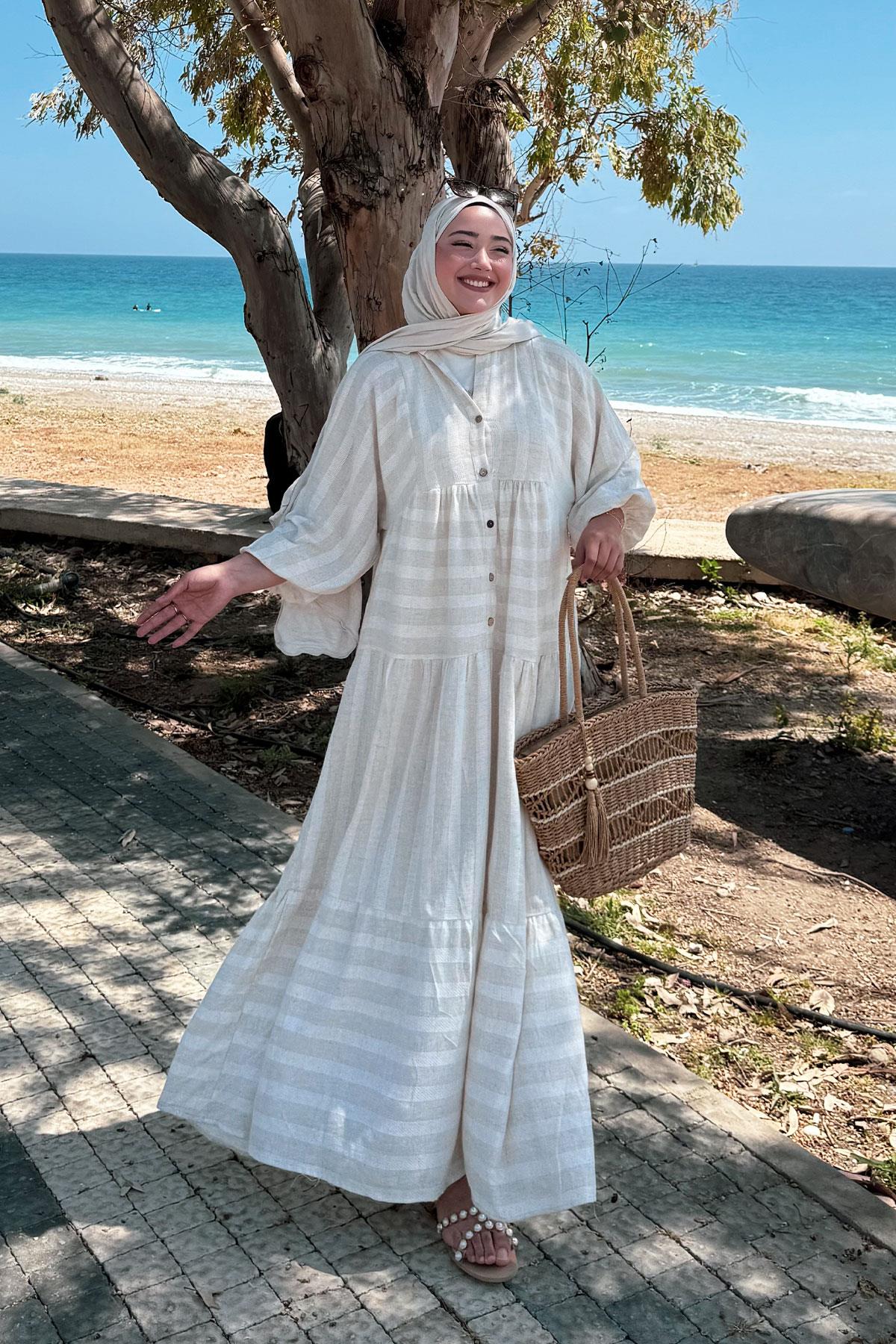 Kendinden Çizgi Desenli Elbise Krem