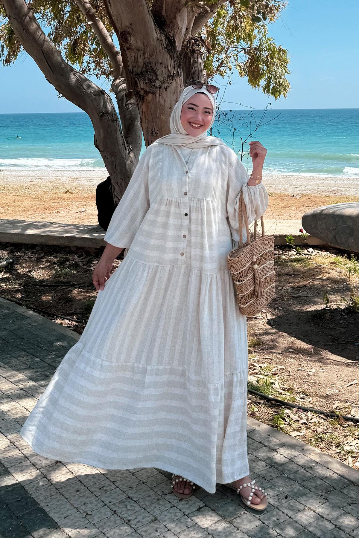 Kendinden Çizgi Desenli Elbise Krem