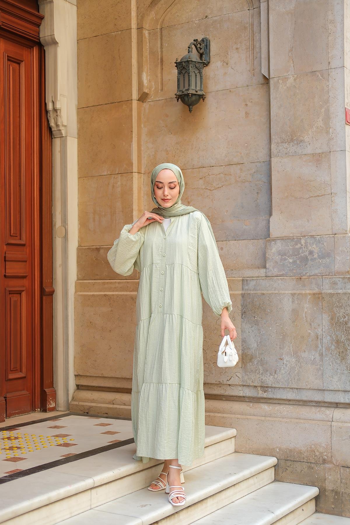 Kendinden Desenli Elbise Küf Yeşil