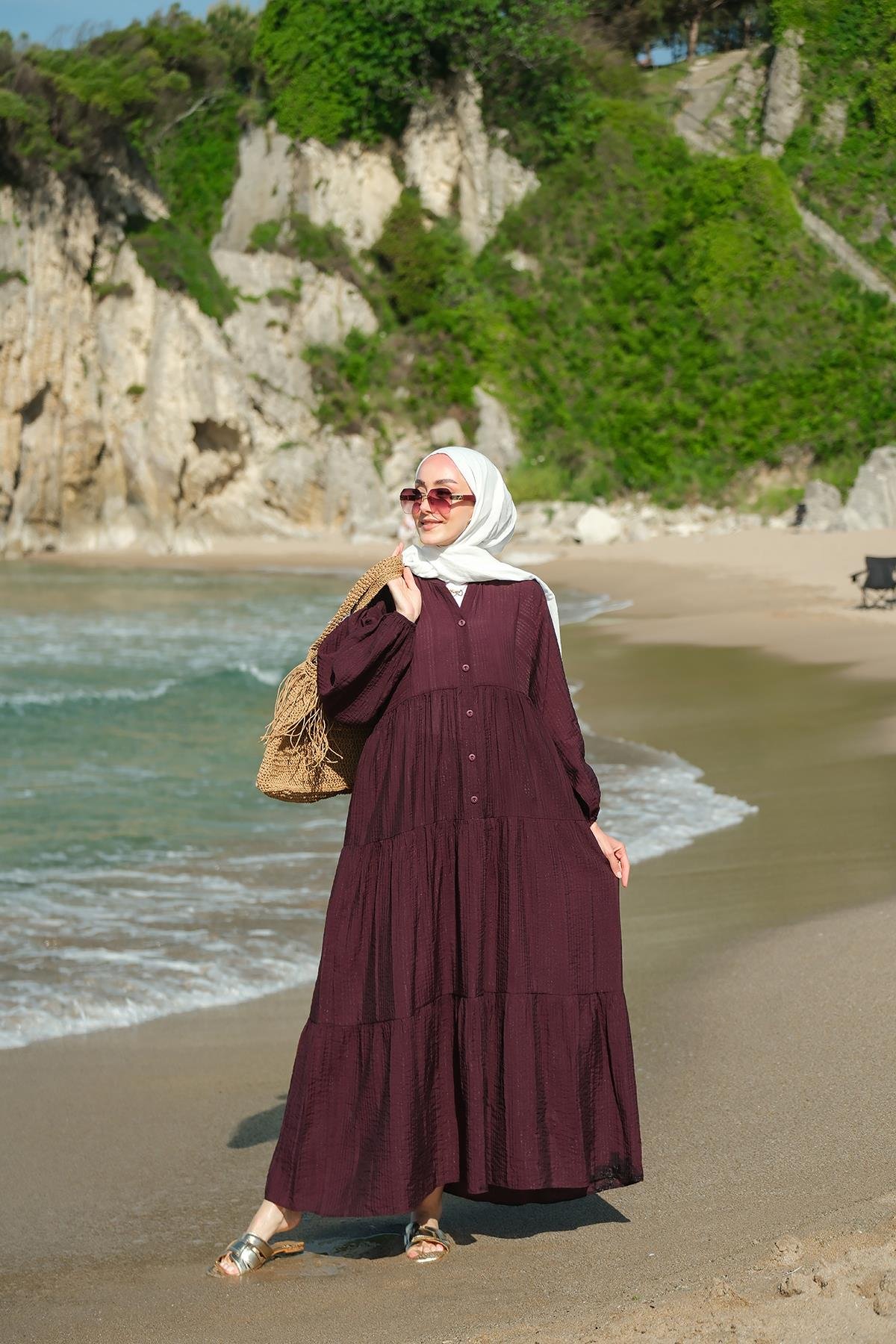 Kendinden Desenli Elbise Mürdüm