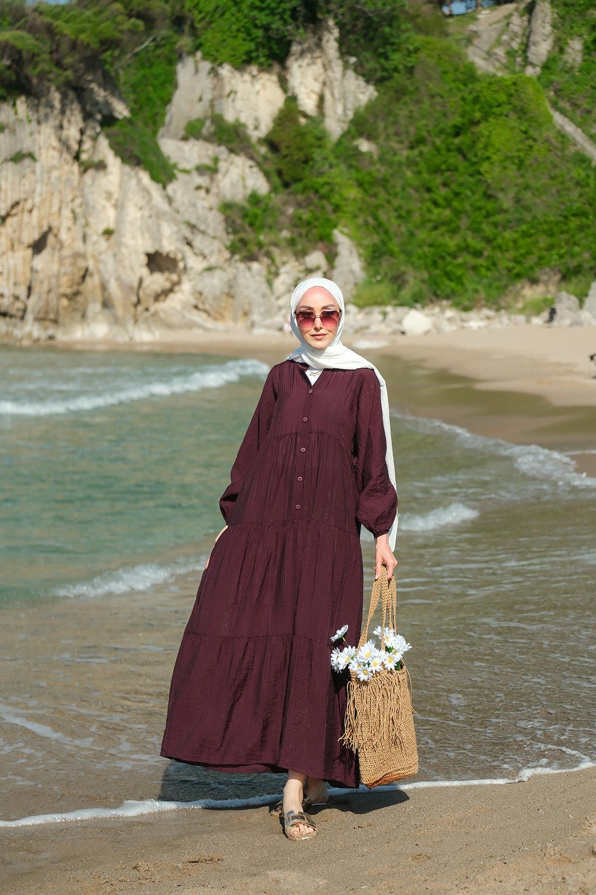 Kendinden Desenli Elbise Mürdüm