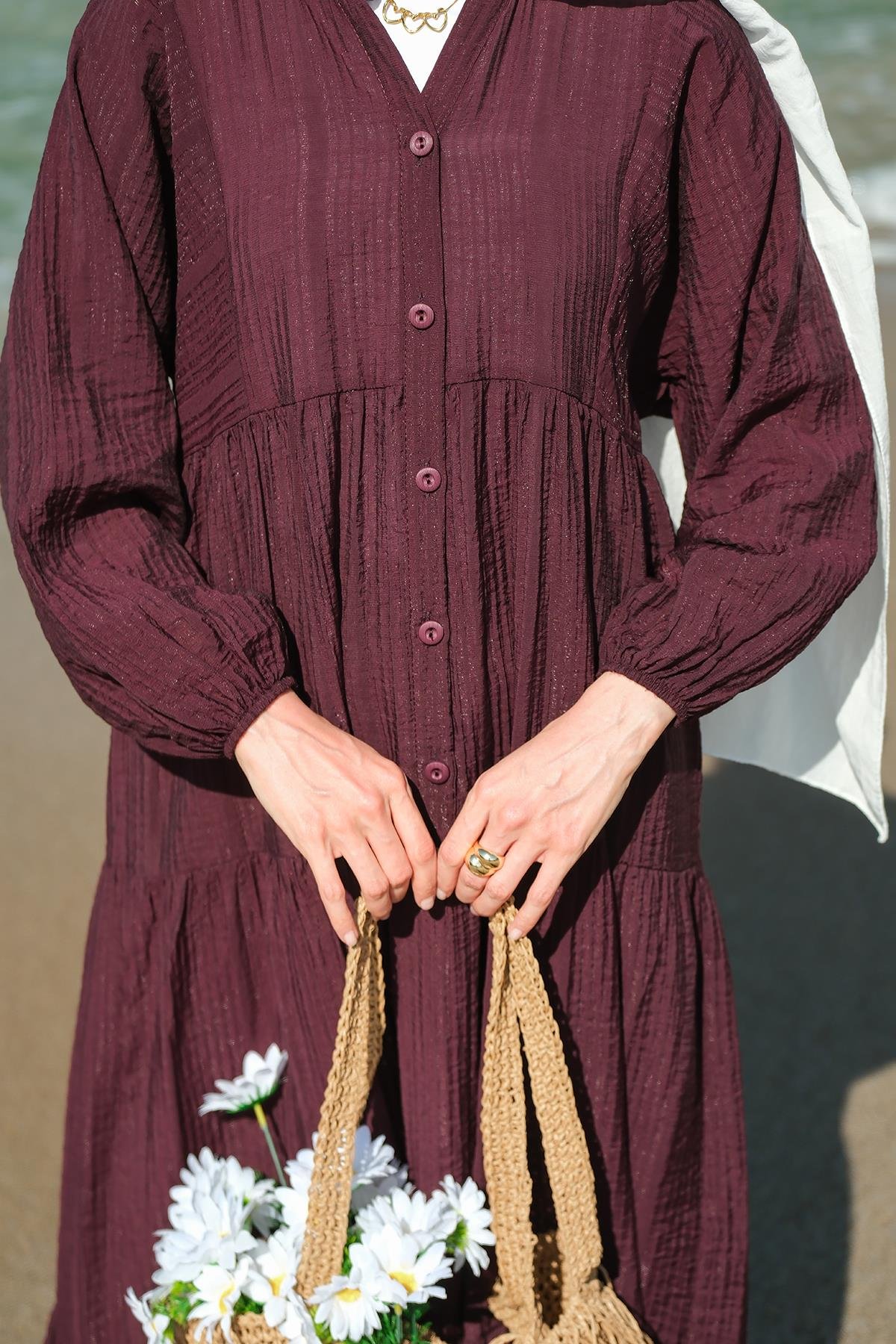 Kendinden Desenli Elbise Mürdüm