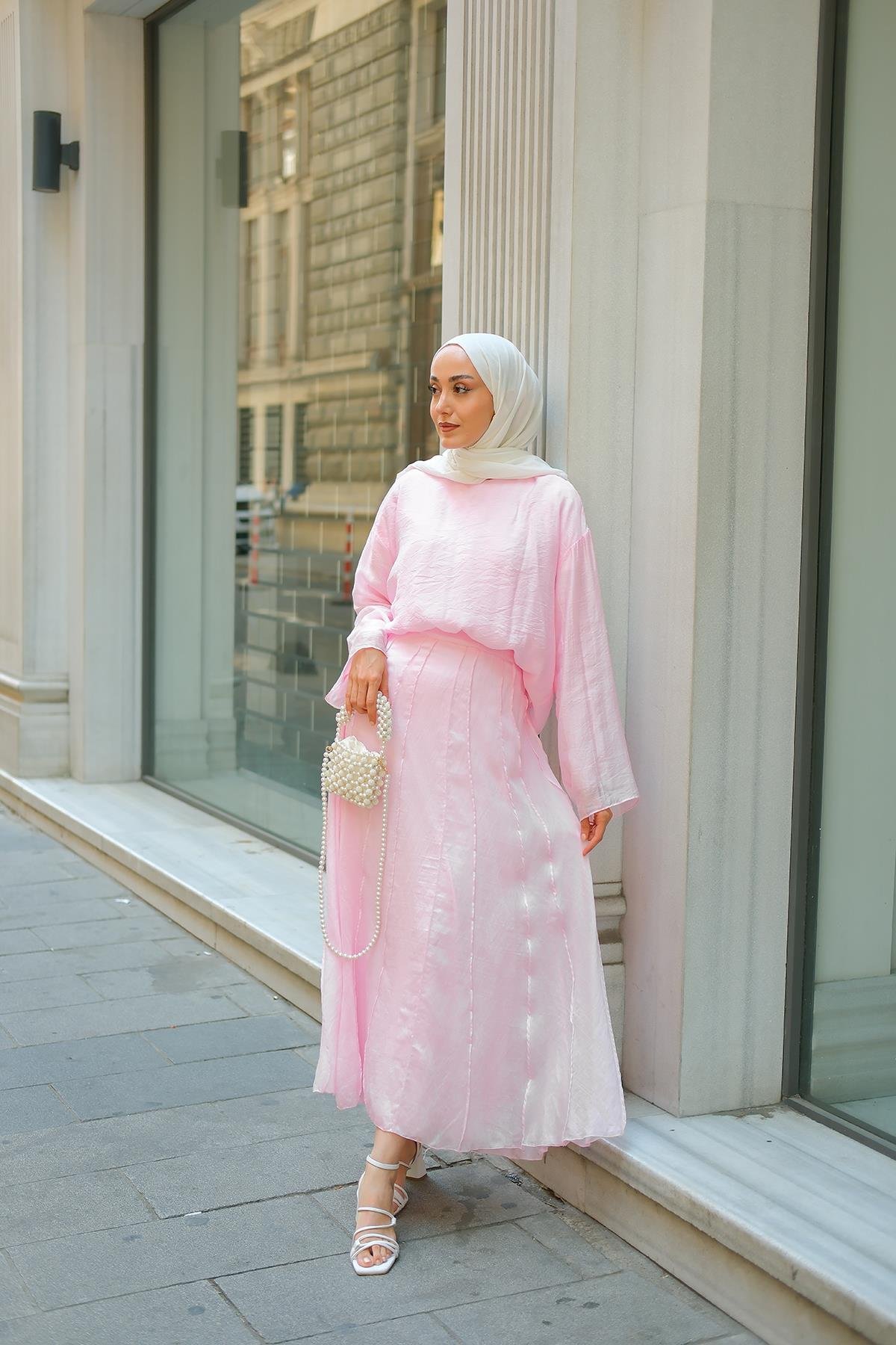 Kendinden Desenli İkili Takım Pembe