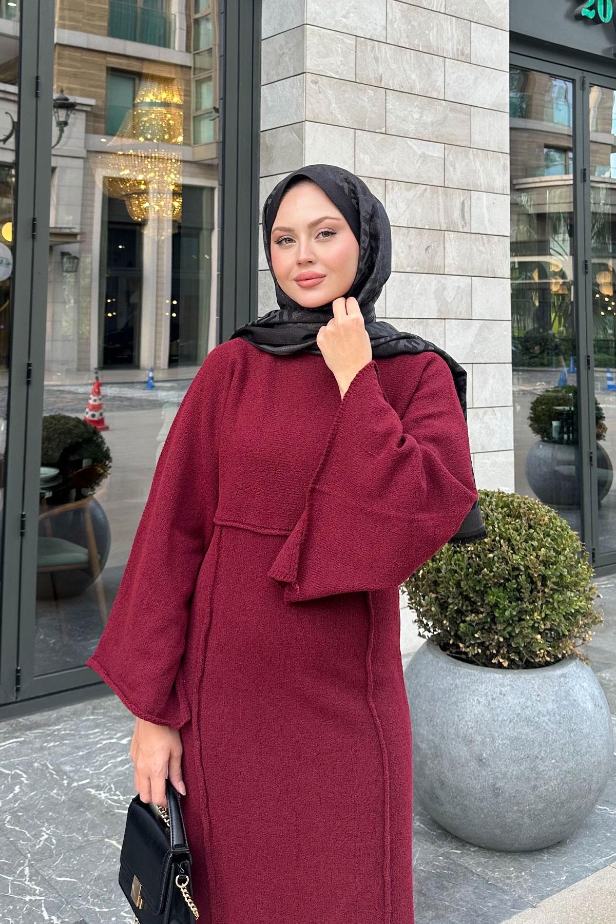 Kendinden Desenli Kraş Elbise Bordo