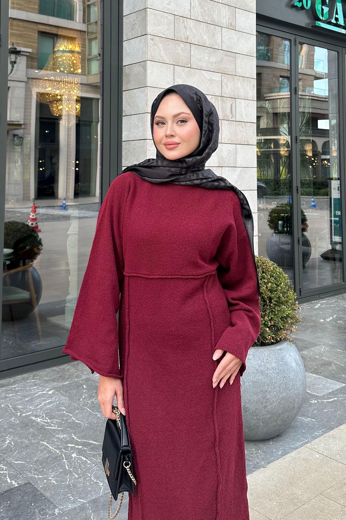 Kendinden Desenli Kraş Elbise Bordo