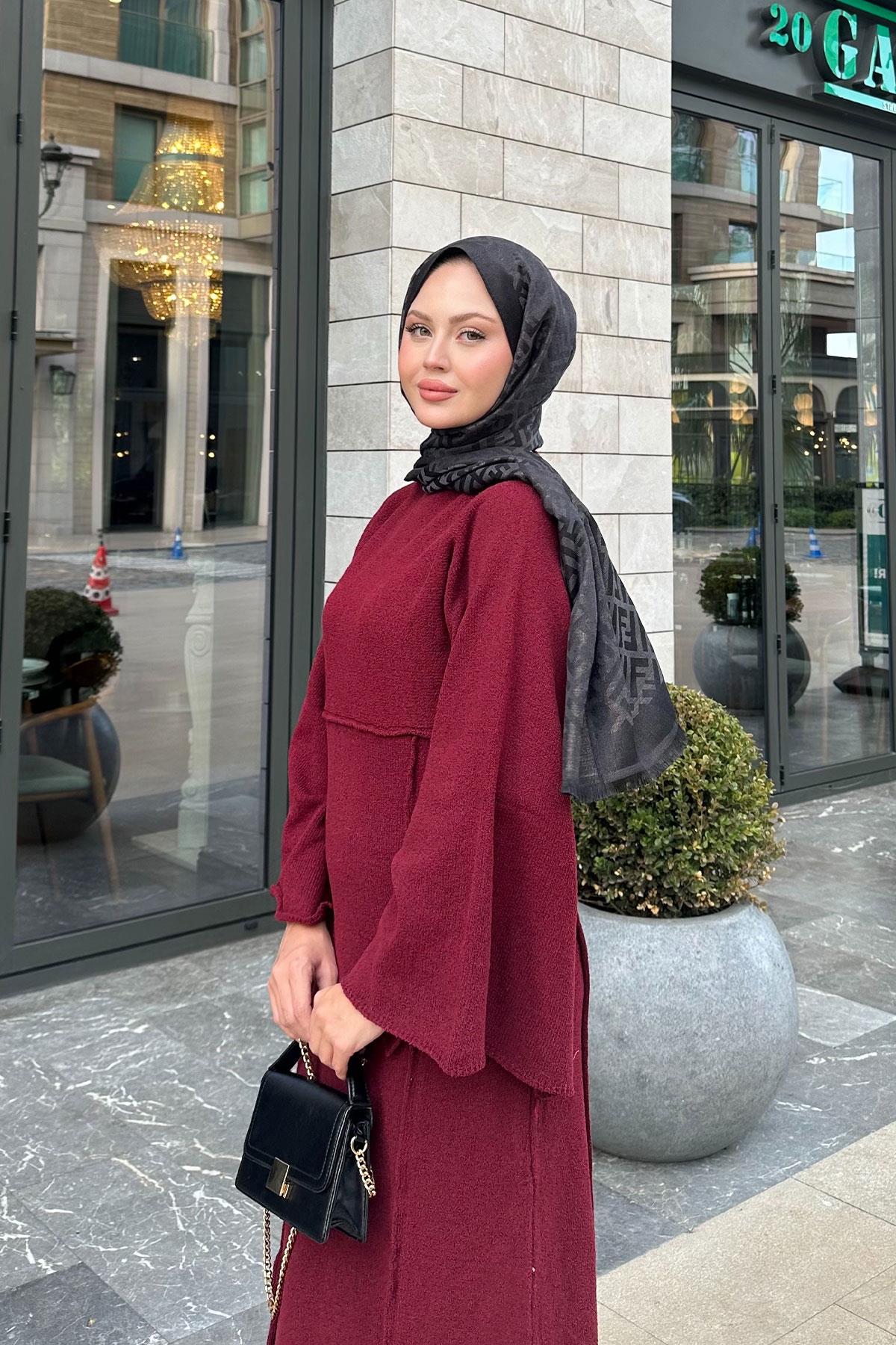 Kendinden Desenli Kraş Elbise Bordo