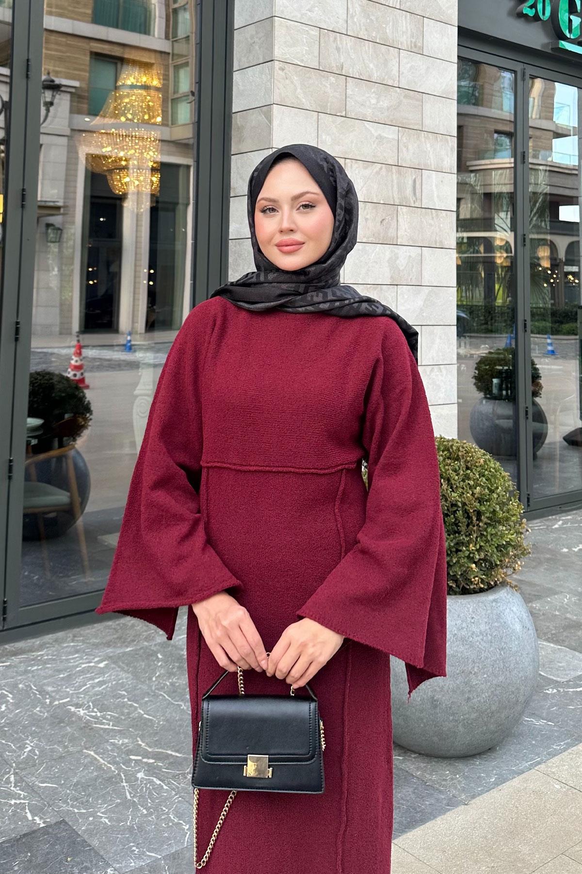 Kendinden Desenli Kraş Elbise Bordo