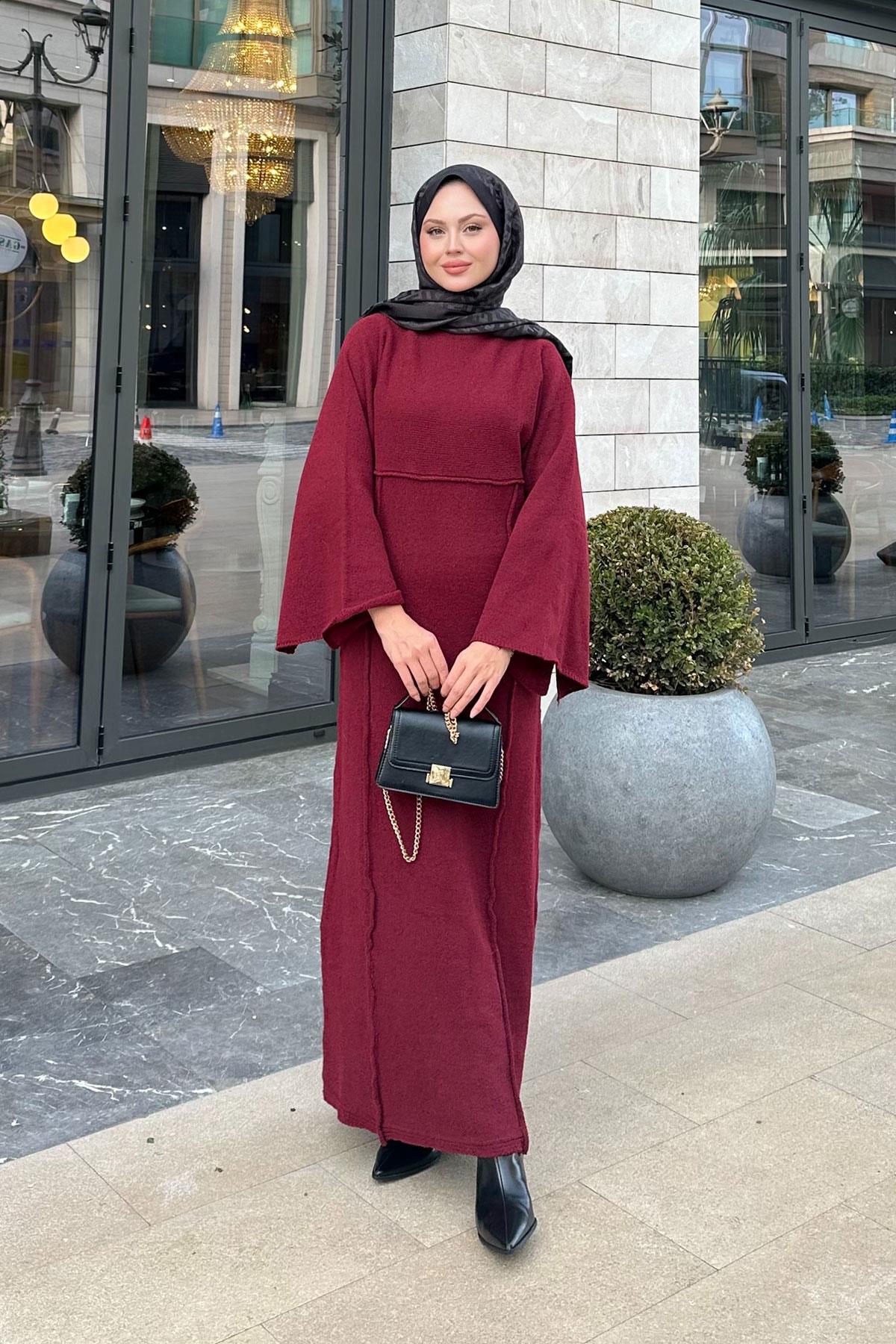 Kendinden Desenli Kraş Elbise Bordo