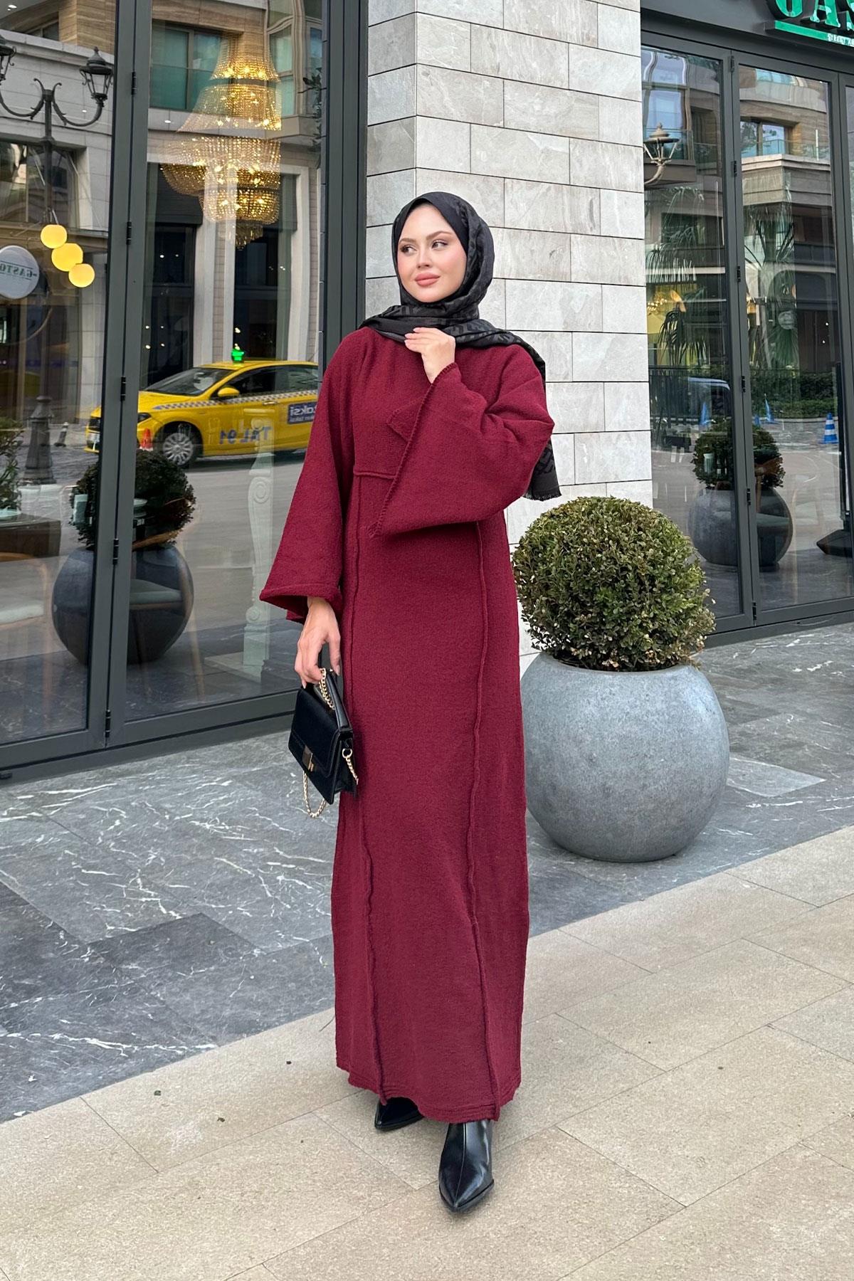 Kendinden Desenli Kraş Elbise Bordo