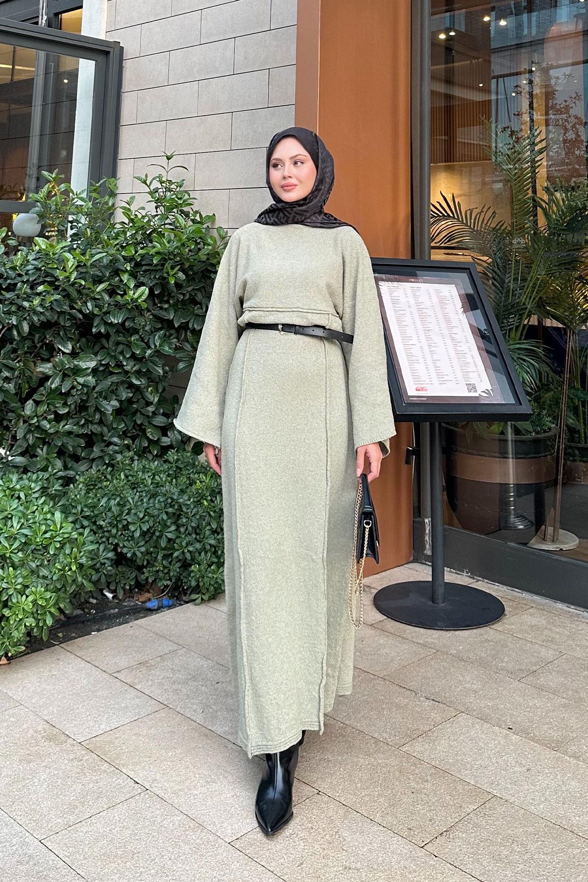 Kendinden Desenli Kraş Elbise Yeşil