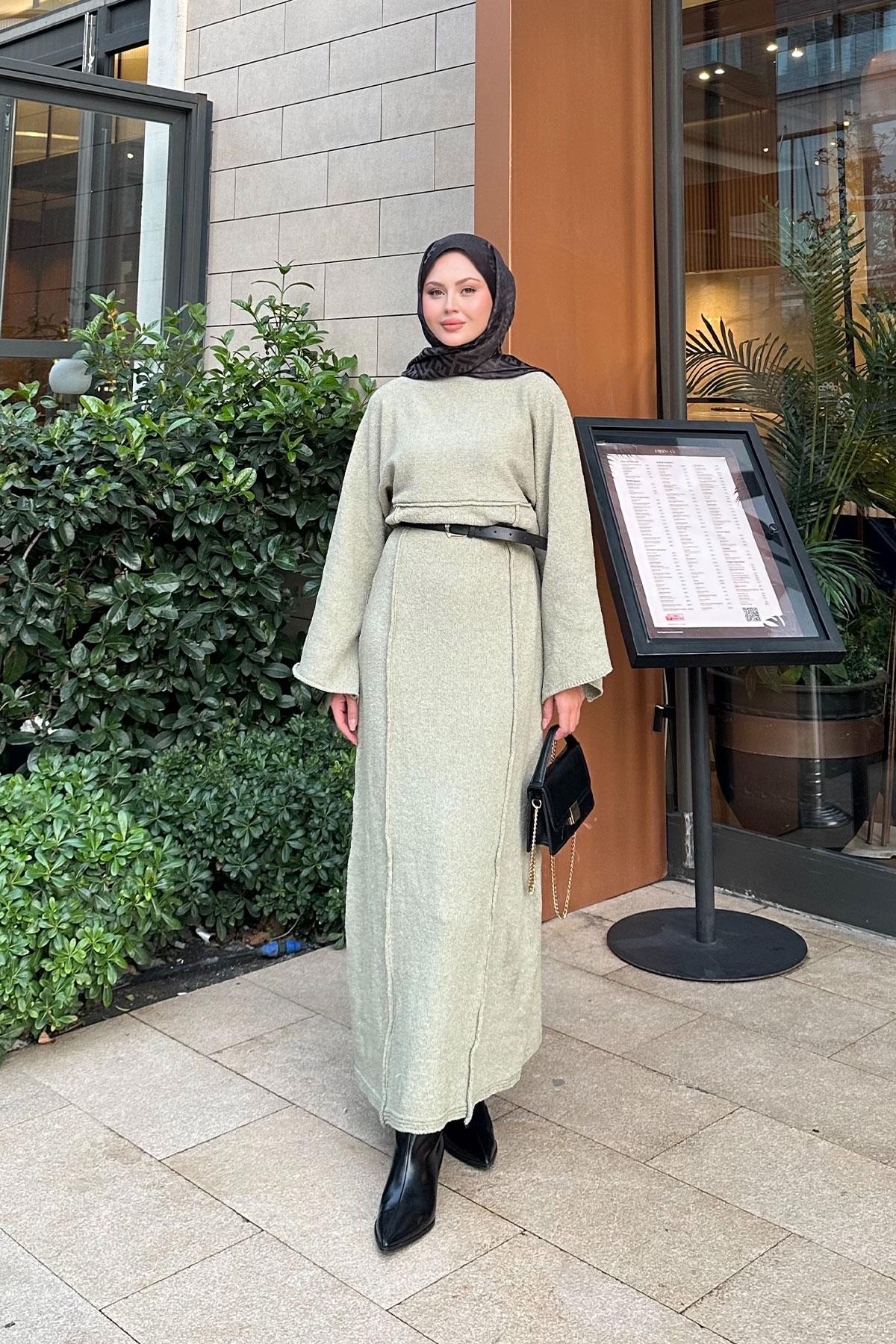 Kendinden Desenli Kraş Elbise Yeşil