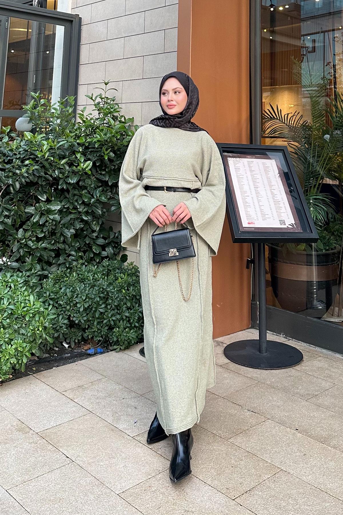 Kendinden Desenli Kraş Elbise Yeşil