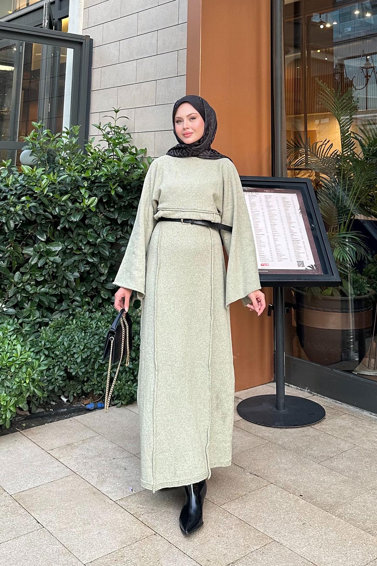 Kendinden Desenli Kraş Elbise Yeşil