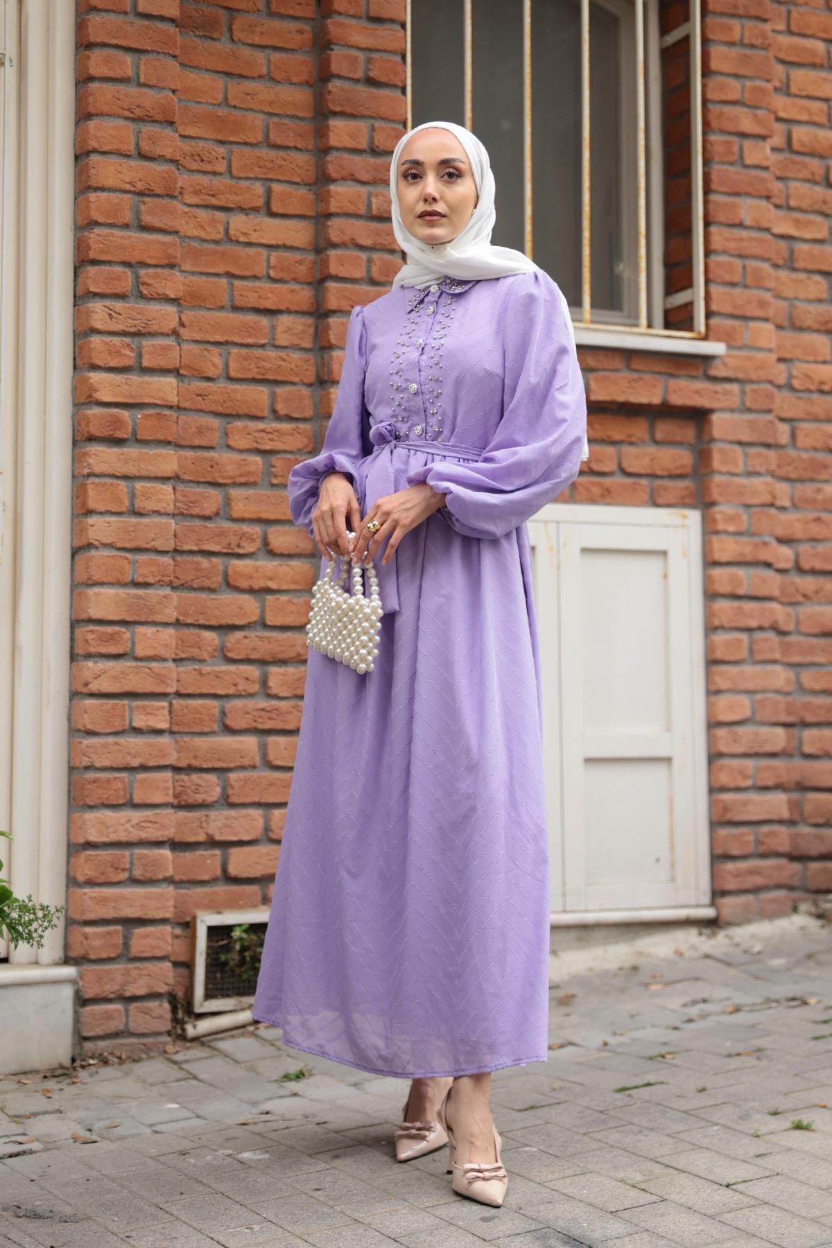 Kendinden Desenli Taş Detay Elbise Lila