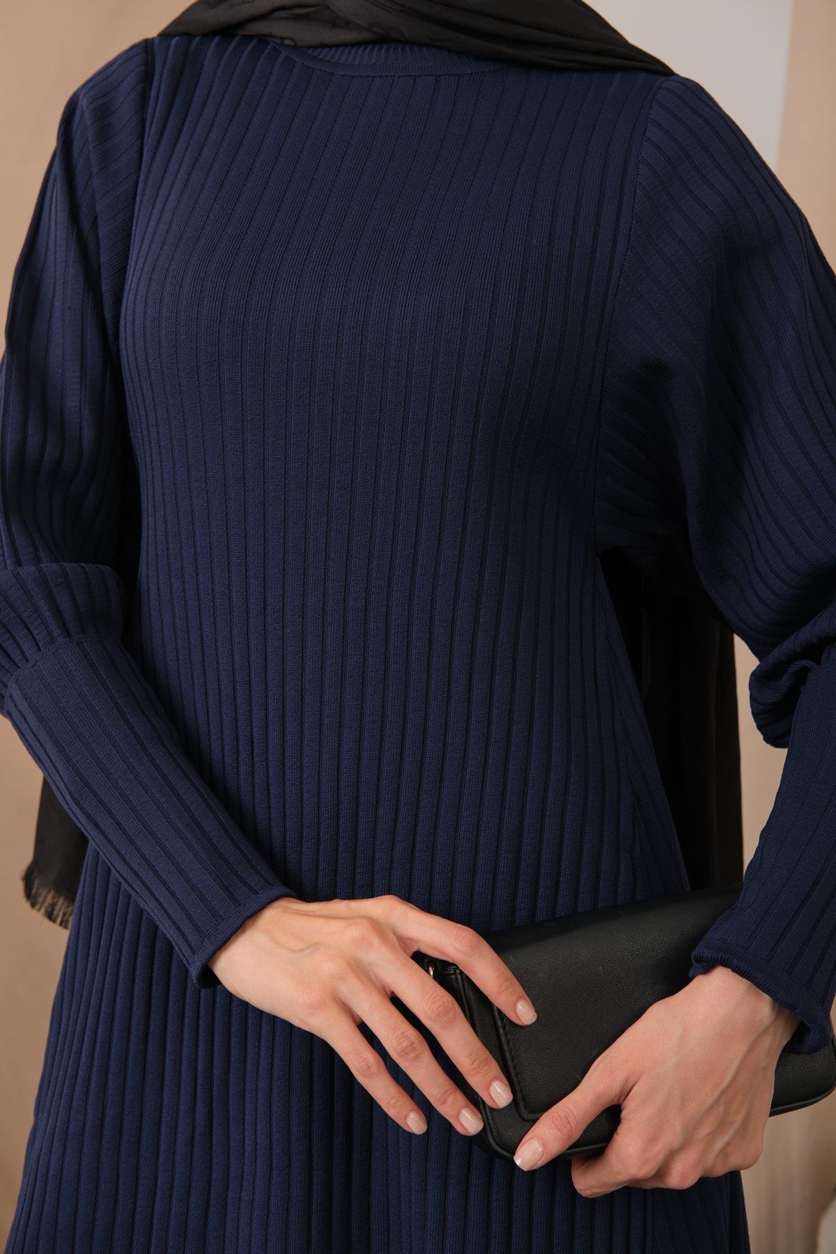 Kendinden Desenli Triko Elbise Lacivert