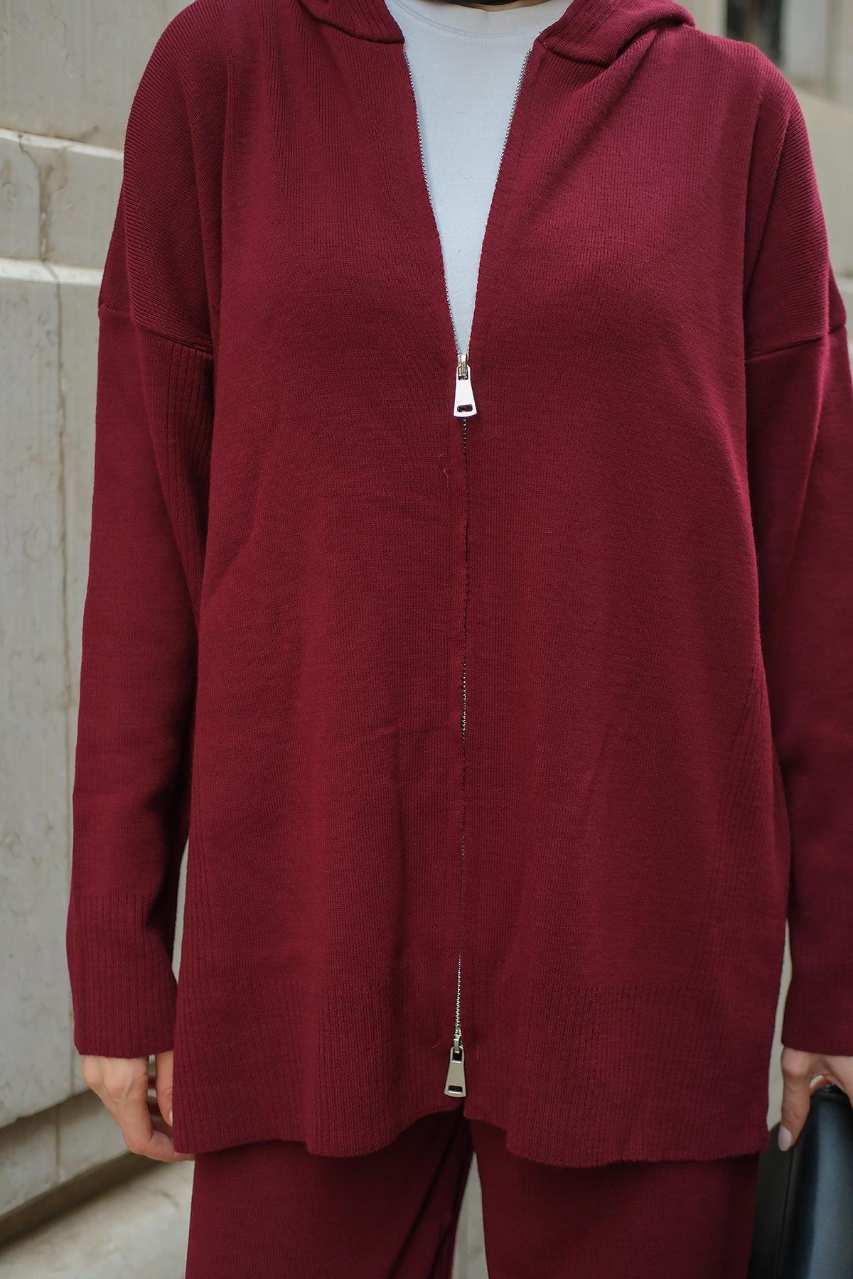 Kendinden Desenli Triko Takım Bordo