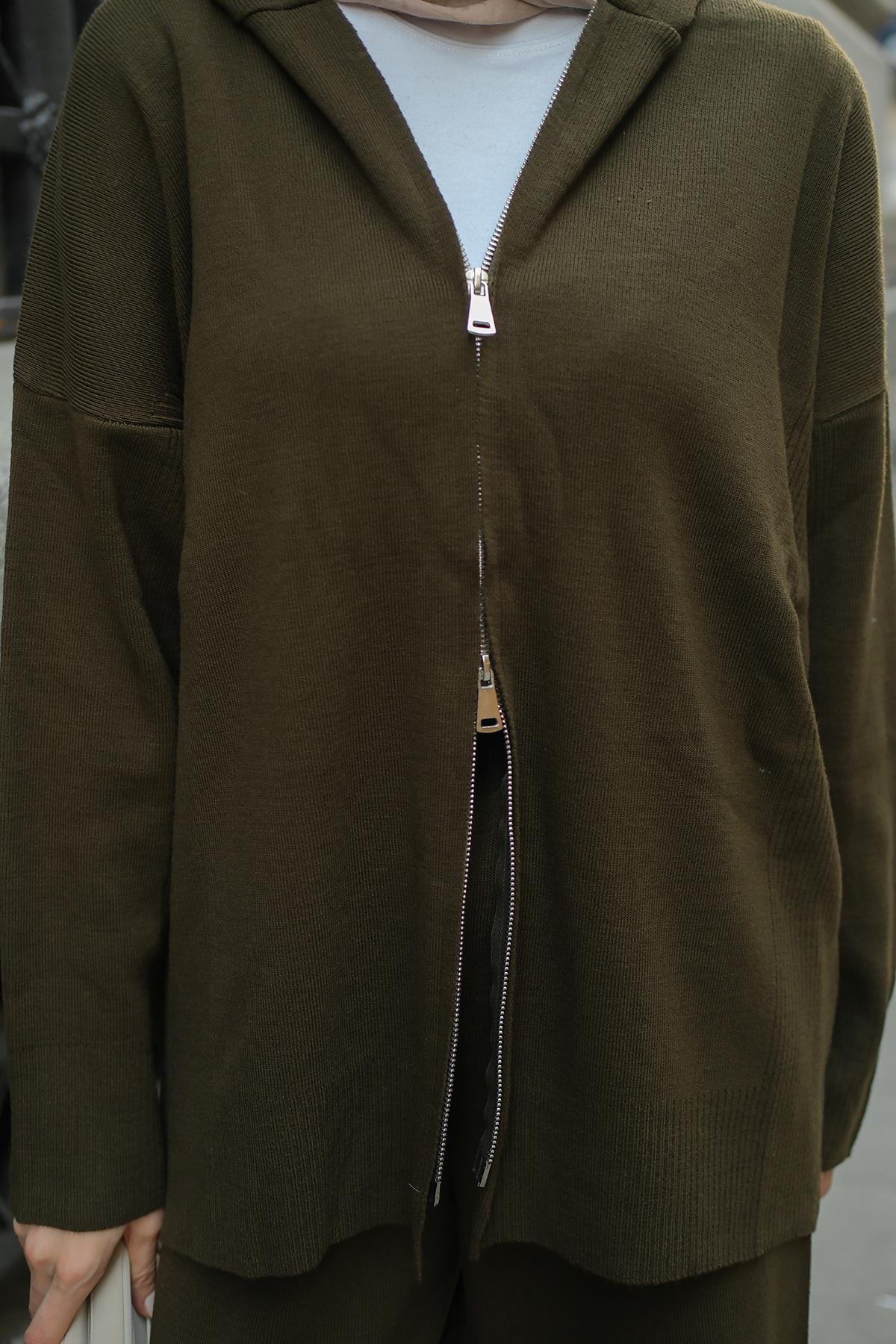 Kendinden Desenli Triko Takım Haki Yeşil