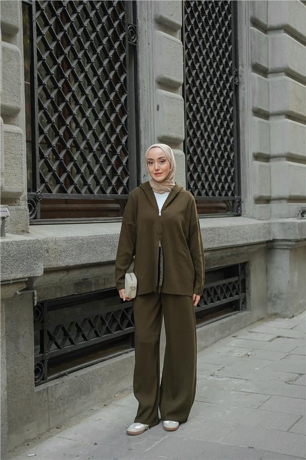 Kendinden Desenli Triko Takım Haki Yeşil