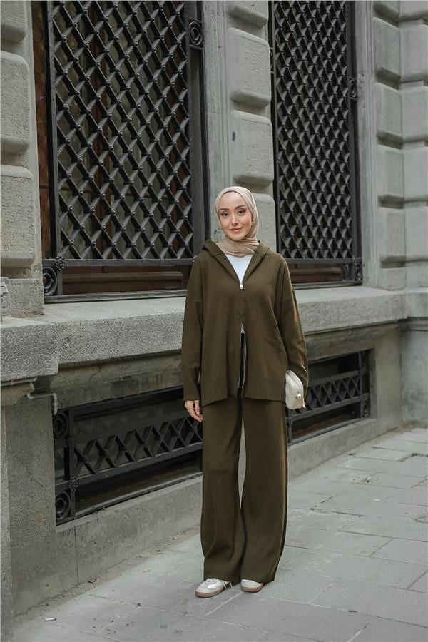 Kendinden Desenli Triko Takım Haki Yeşil