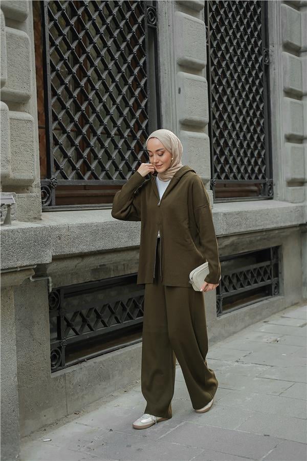 Kendinden Desenli Triko Takım Haki Yeşil