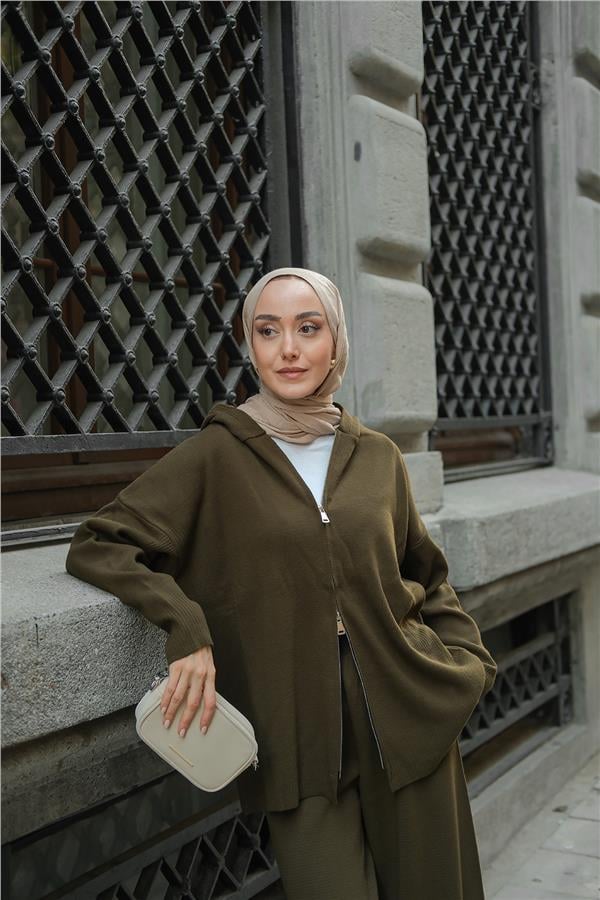 Kendinden Desenli Triko Takım Haki Yeşil