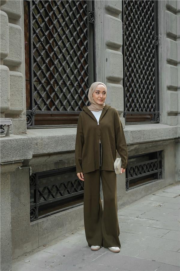 Kendinden Desenli Triko Takım Haki Yeşil