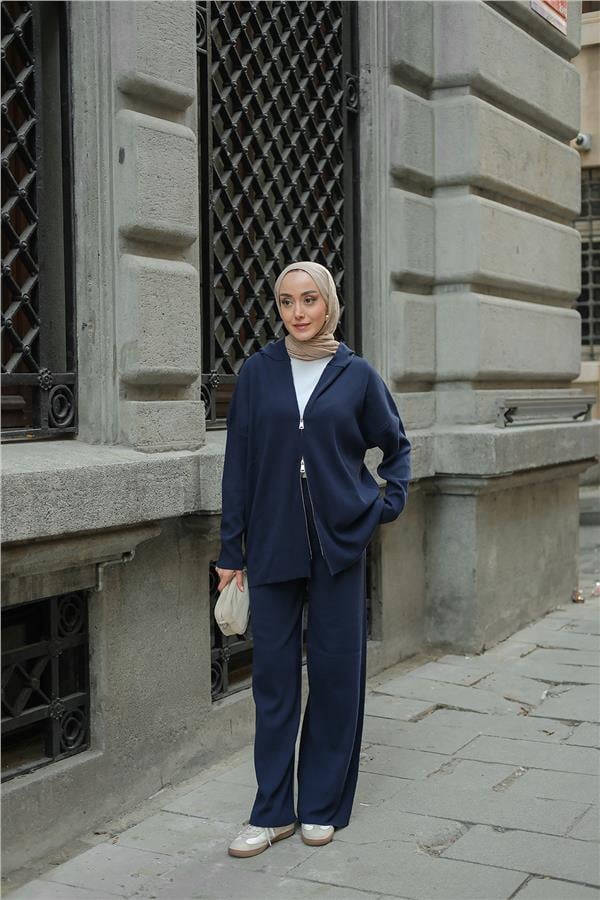 Kendinden Desenli Triko Takım Lacivert