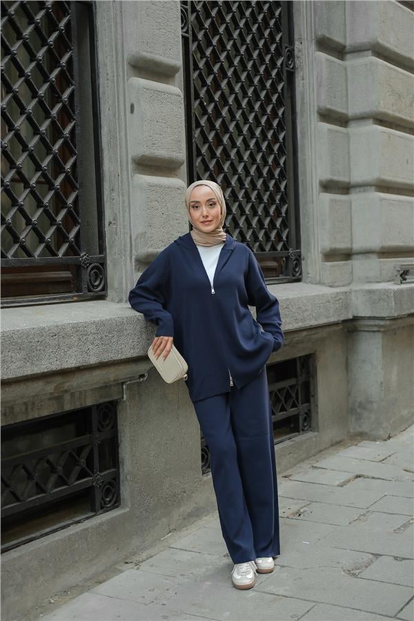 Kendinden Desenli Triko Takım Lacivert