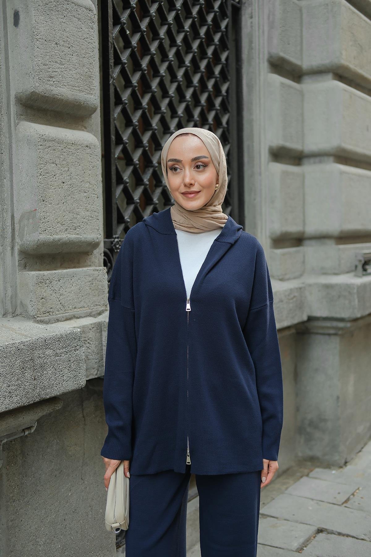 Kendinden Desenli Triko Takım Lacivert