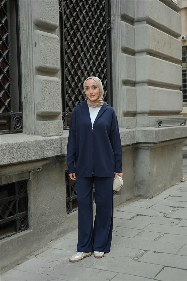 Kendinden Desenli Triko Takım Lacivert