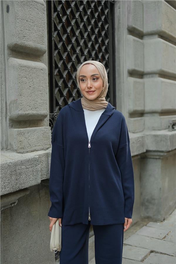 Kendinden Desenli Triko Takım Lacivert