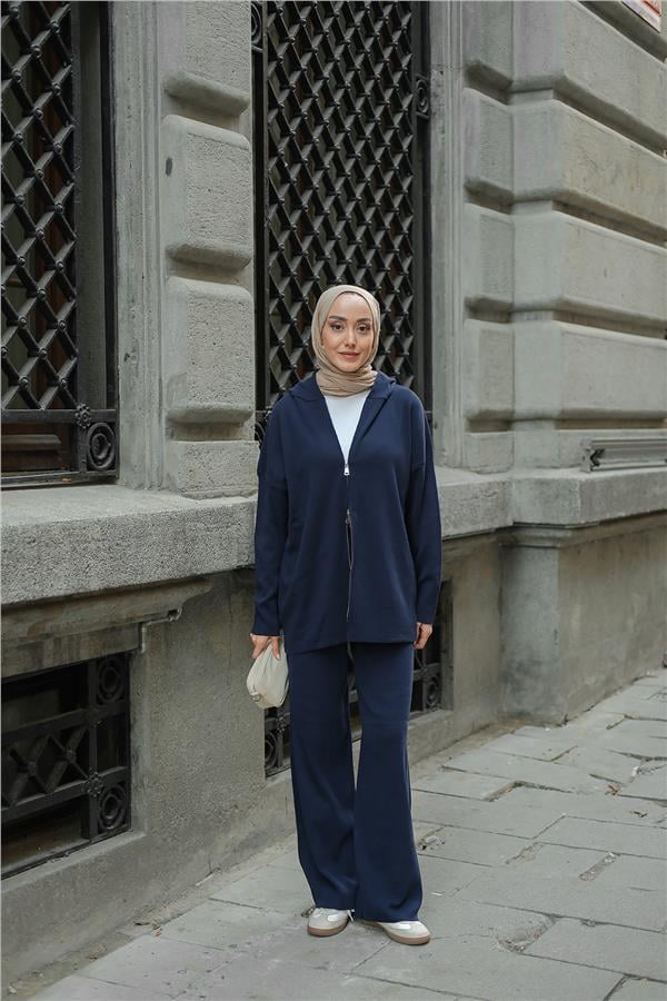 Kendinden Desenli Triko Takım Lacivert