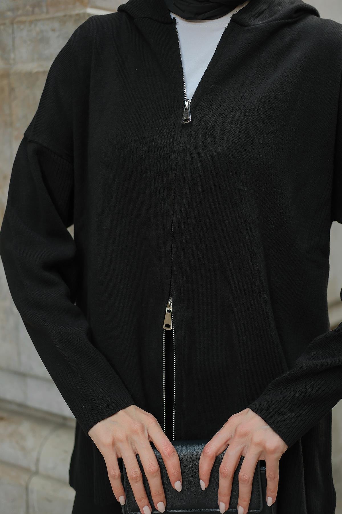 Kendinden Desenli Triko Takım Siyah