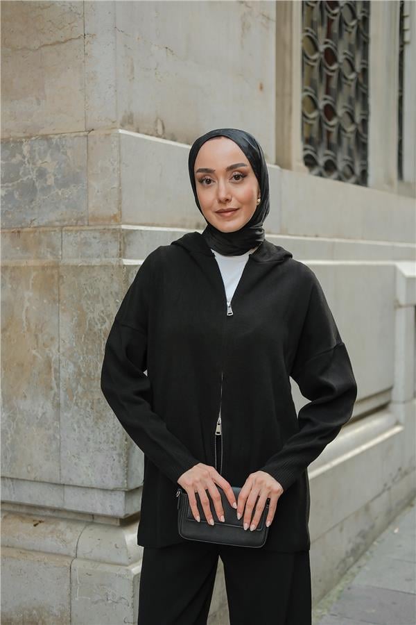 Kendinden Desenli Triko Takım Siyah