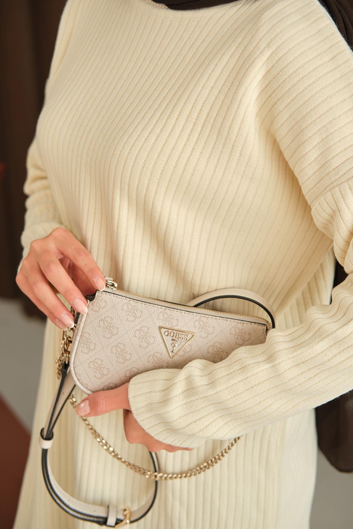 Kendinden Desenli Triko Tunik Krem