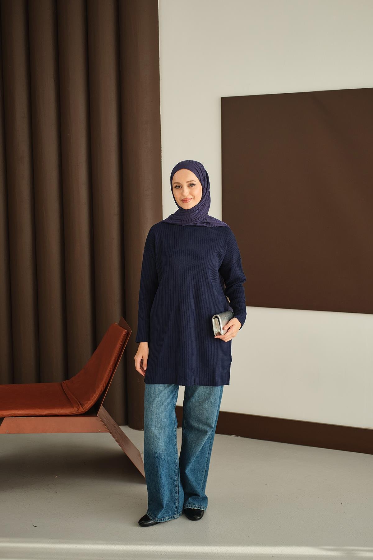 Kendinden Desenli Triko Tunik Lacivert