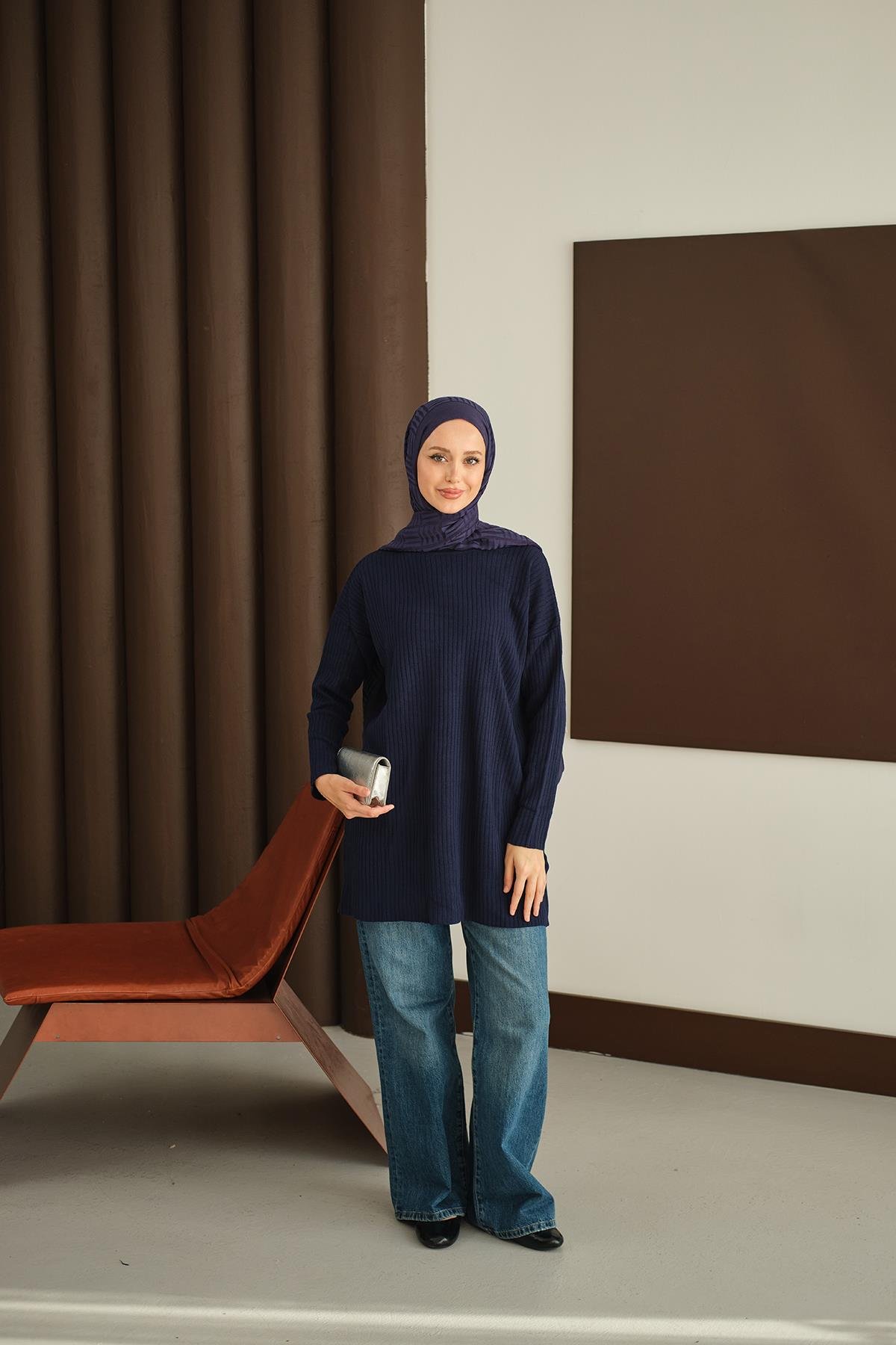 Kendinden Desenli Triko Tunik Lacivert