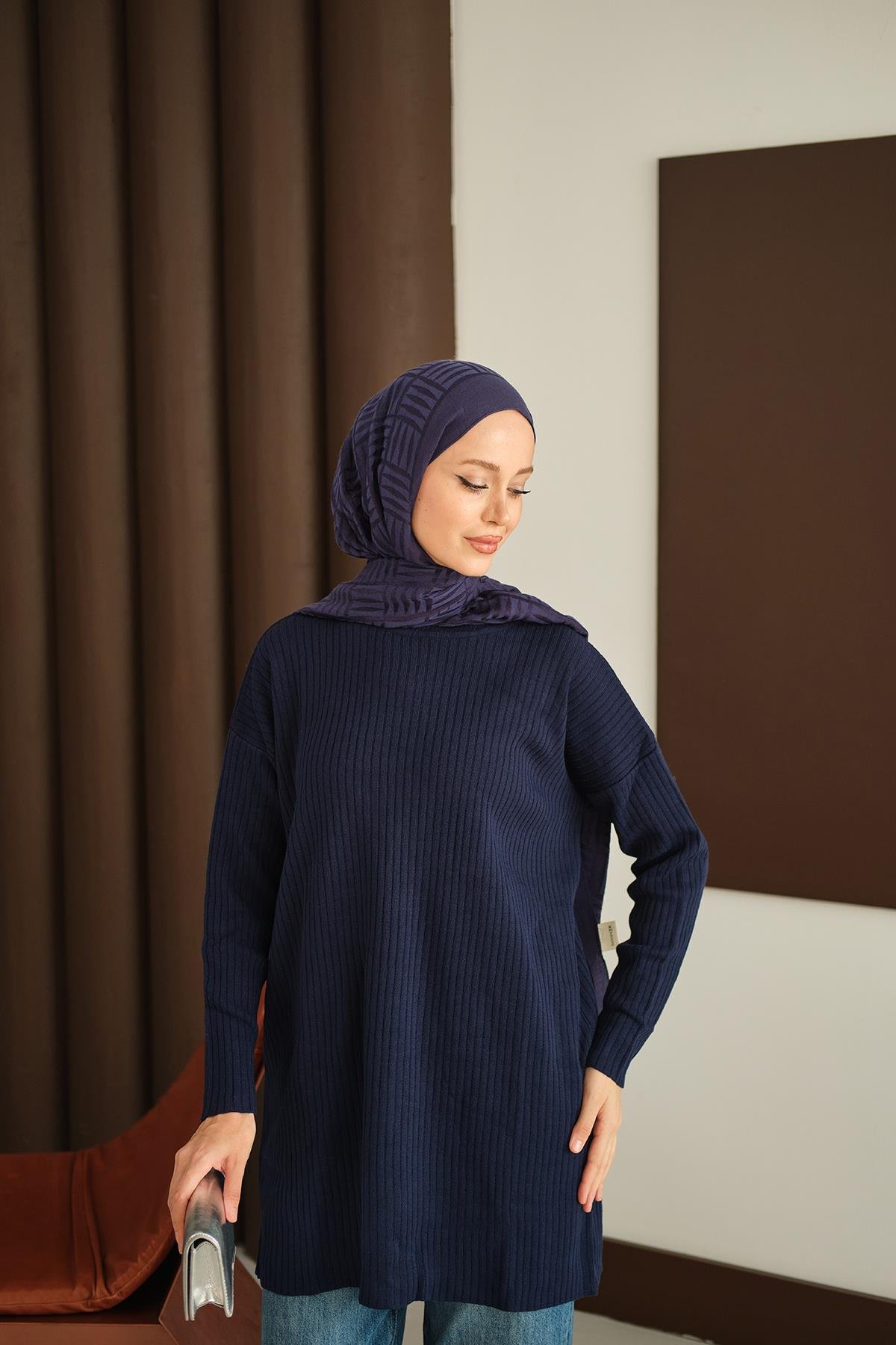 Kendinden Desenli Triko Tunik Lacivert