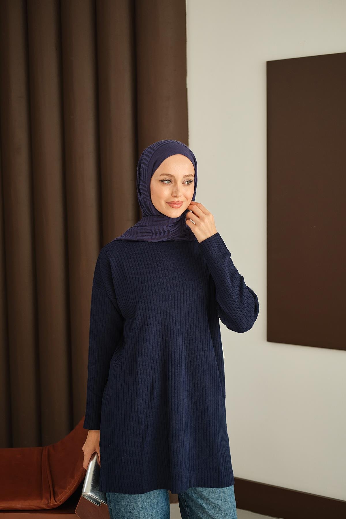 Kendinden Desenli Triko Tunik Lacivert