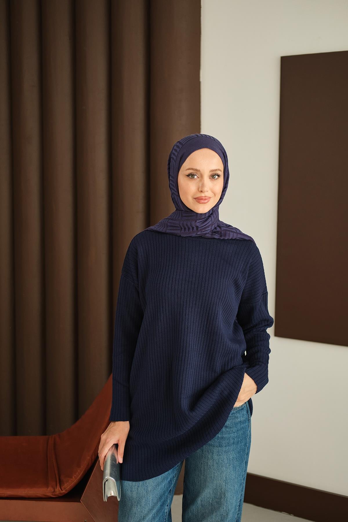 Kendinden Desenli Triko Tunik Lacivert