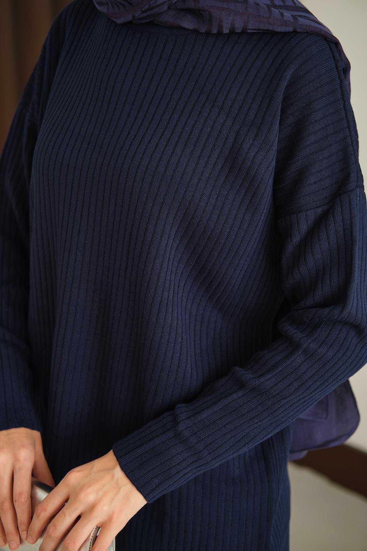 Kendinden Desenli Triko Tunik Lacivert