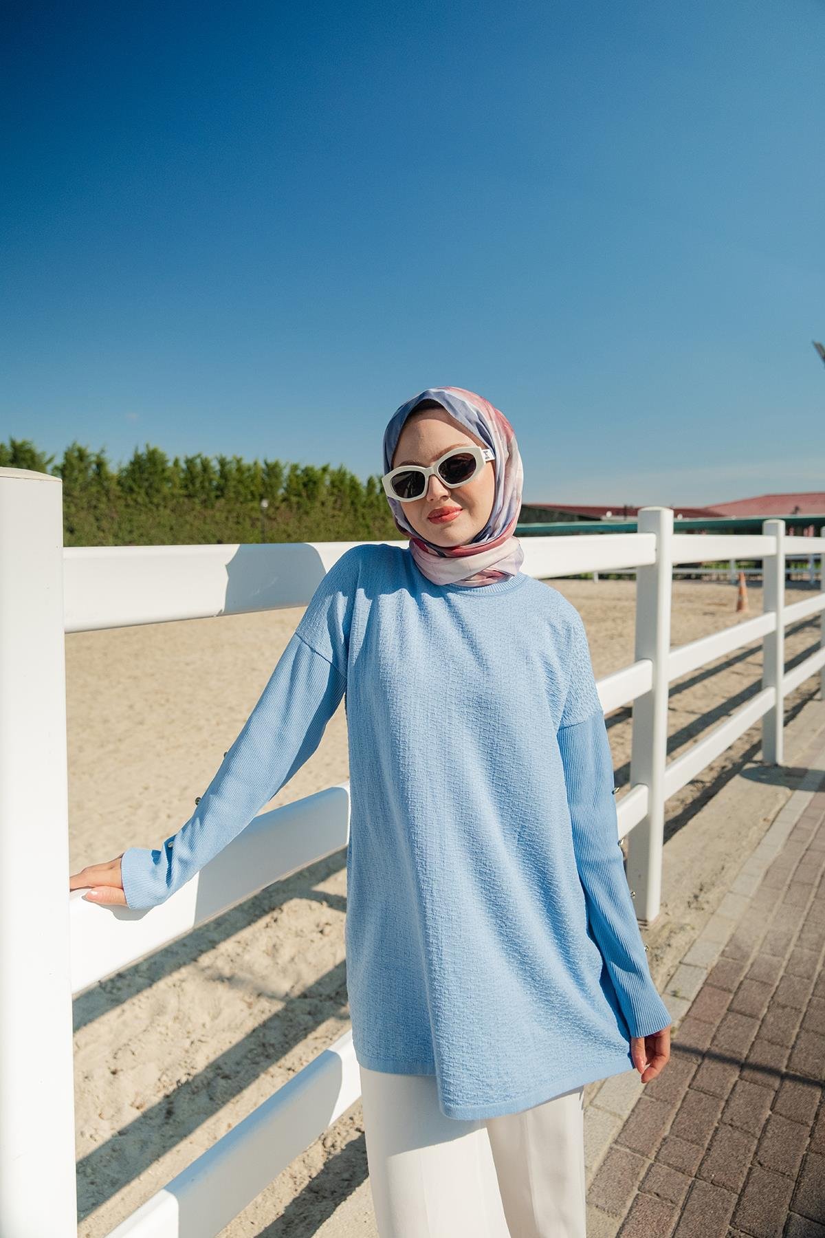 Kendinden Desenli Tunik Bebe Mavi