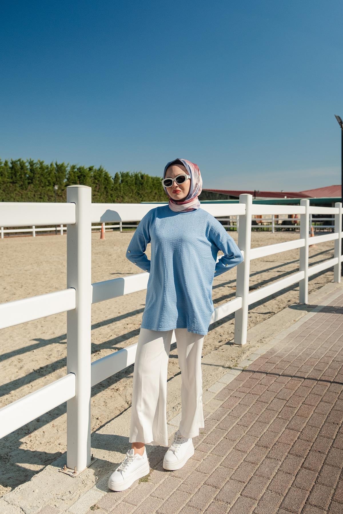 Kendinden Desenli Tunik Bebe Mavi