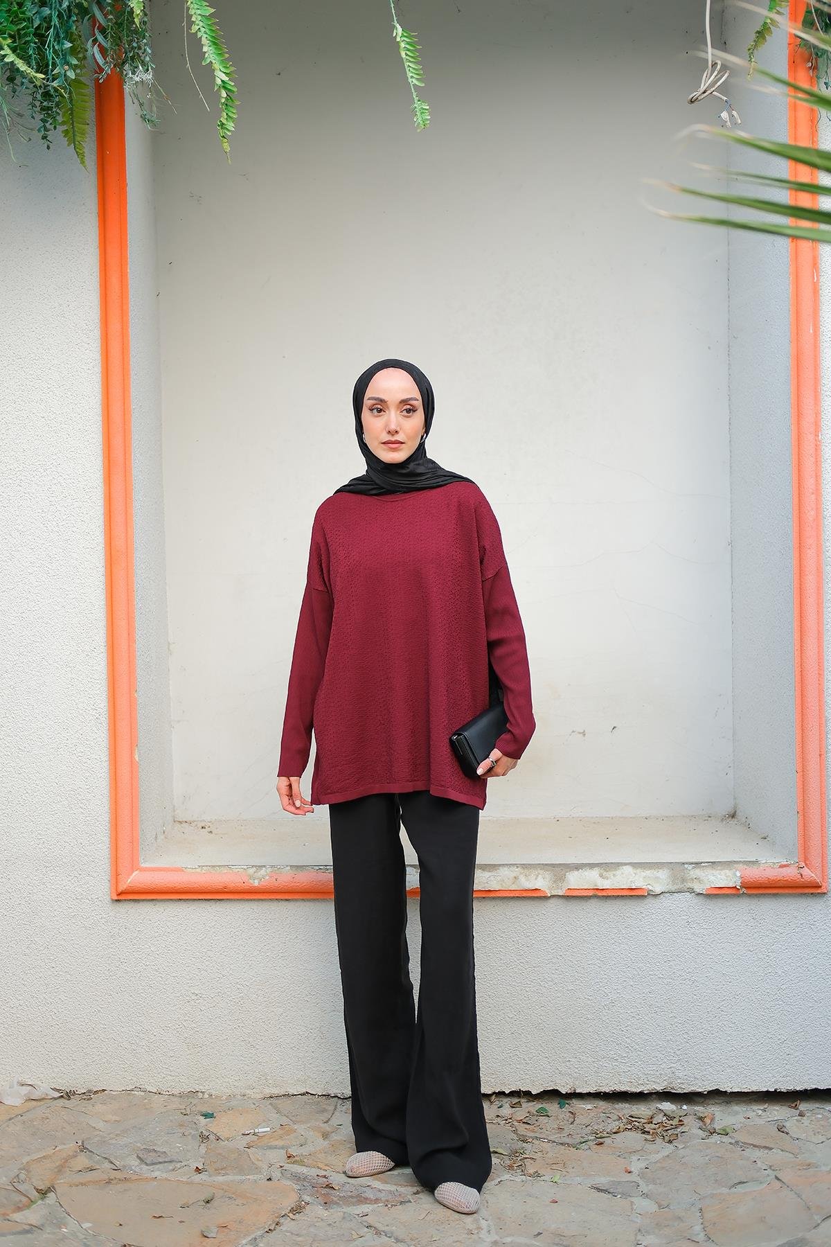 Kendinden Desenli Tunik Bordo