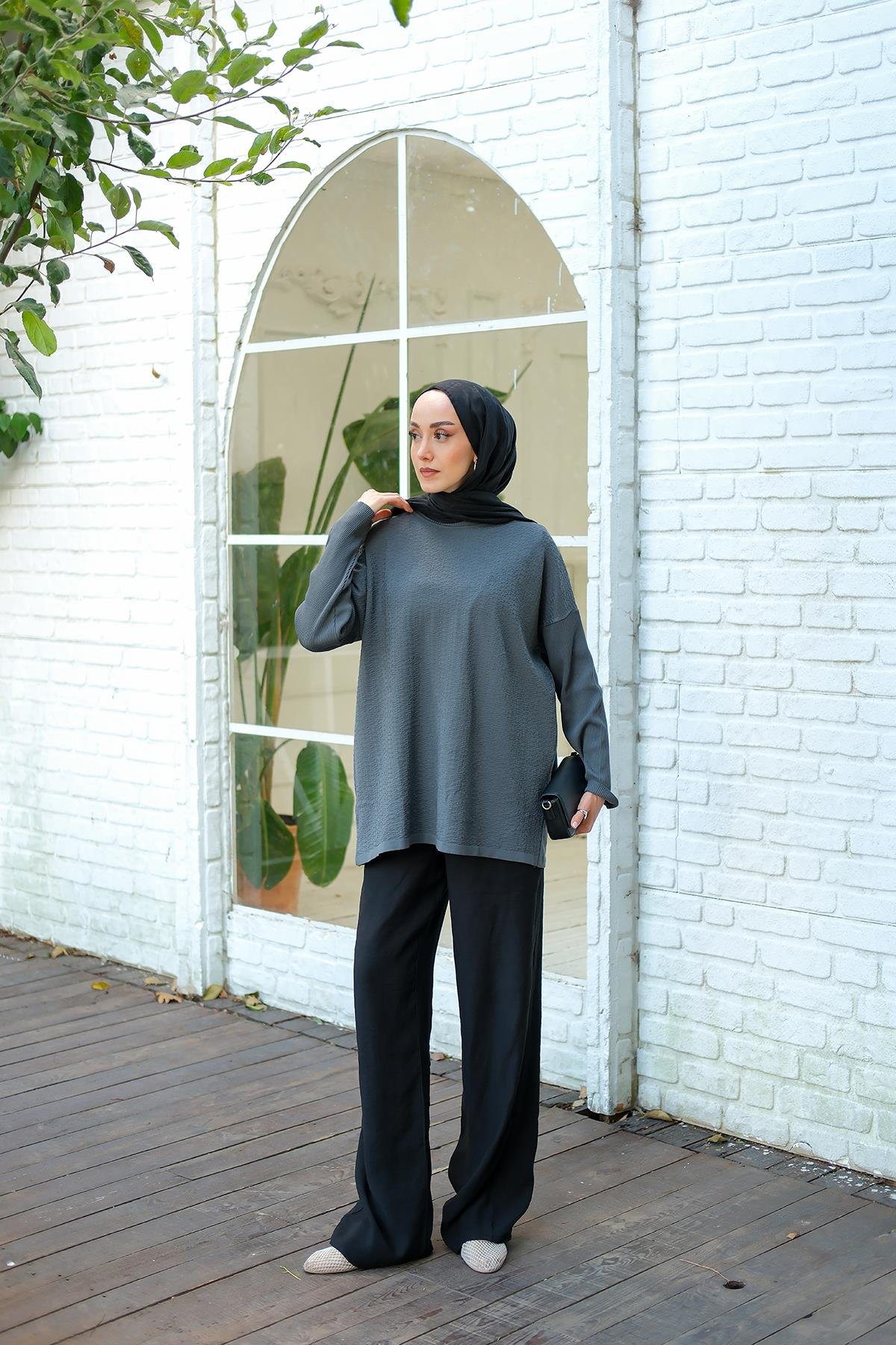 Kendinden Desenli Tunik Füme